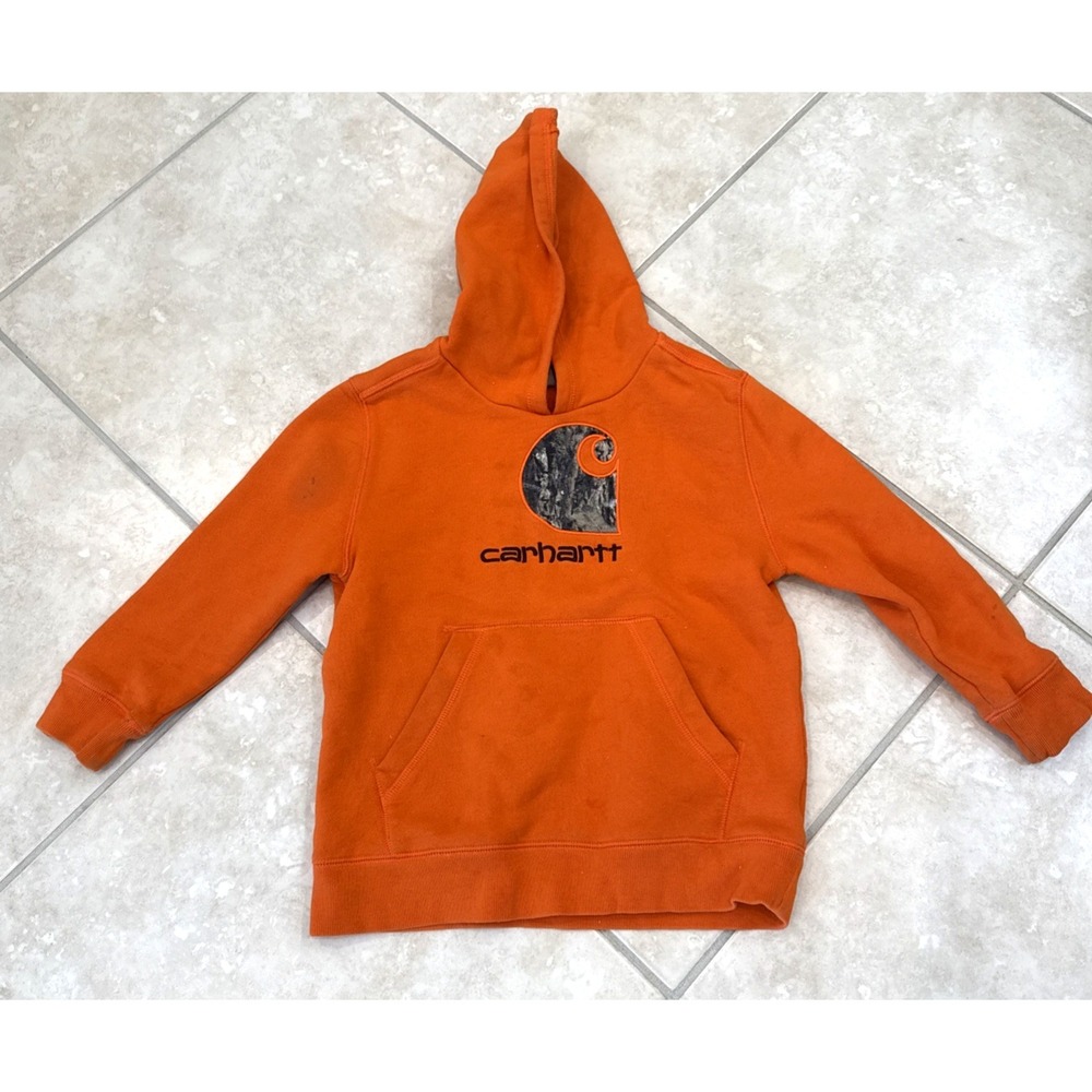 Carhartt Hoodie Sweatshirt Youth Boys 7 Orang Pullover Camo Logo Outdoor **‎
